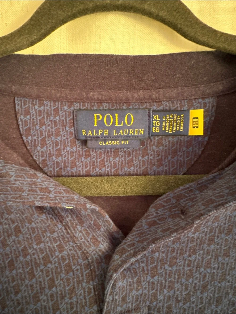 Ralph Lauren Men’s Blue Patterned Polo with Dark Contrast Collar